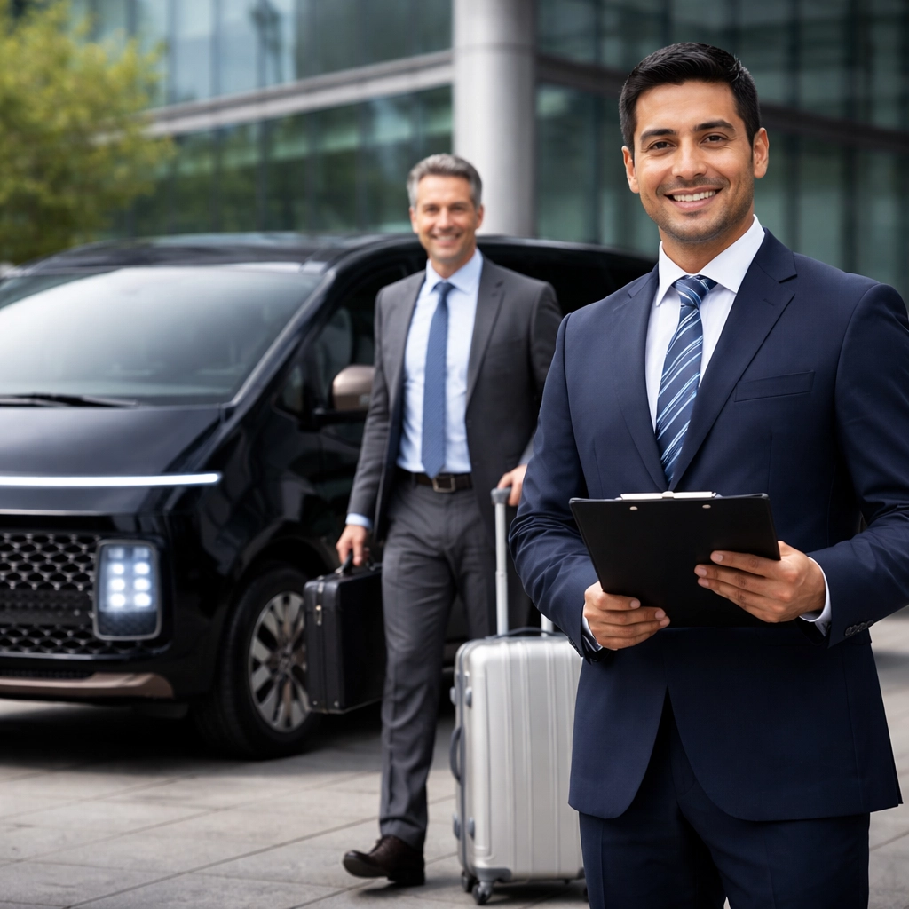Ejecutivo de DRM Travel asistiendo un traslado corporativo